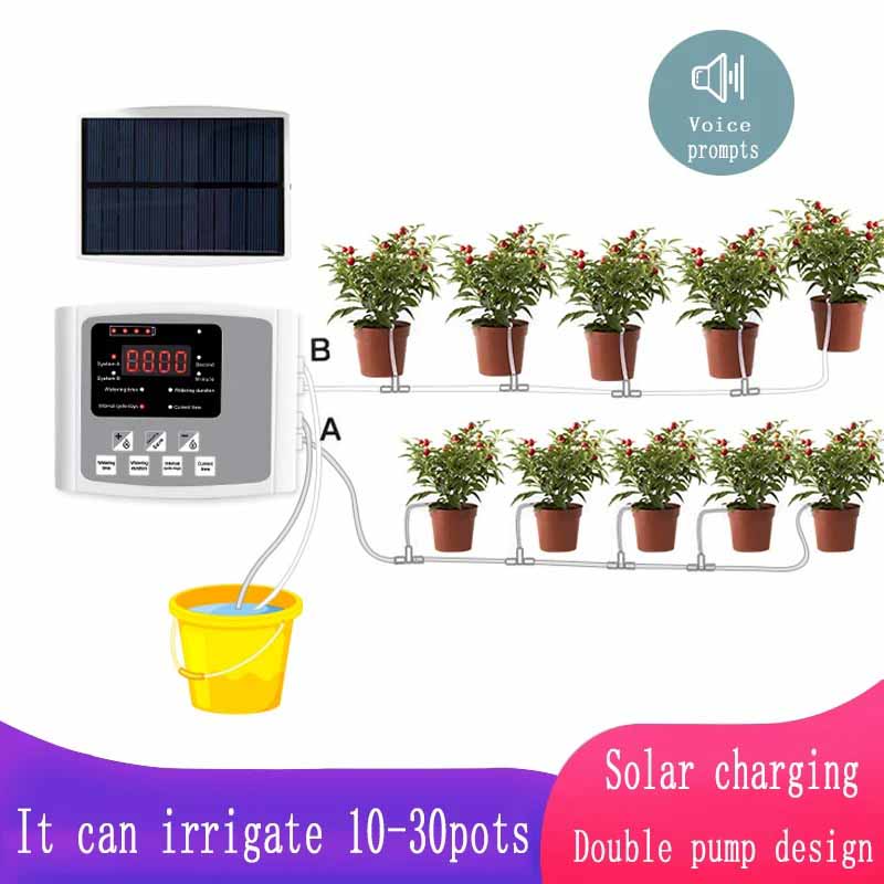 Smart Garden Click And Grow - 庭の点滴灌漑装置ダブルポンプコントローラータイマーシステム、太陽エネルギーインテリジェント自動植物散水装置