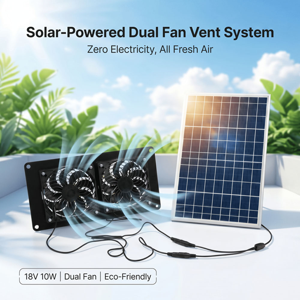 Smart Garden Greenhouse - 10W 18V ソーラー式デュアルファン換気キット、独立制御付き排気ファン、温室、ペットハウス、RV、ボート、窓の冷却用、電気代ゼロのソーラー空気循環システム、取り付け用金具とスプリッターケーブル付き、環境に優しい屋外換気装置